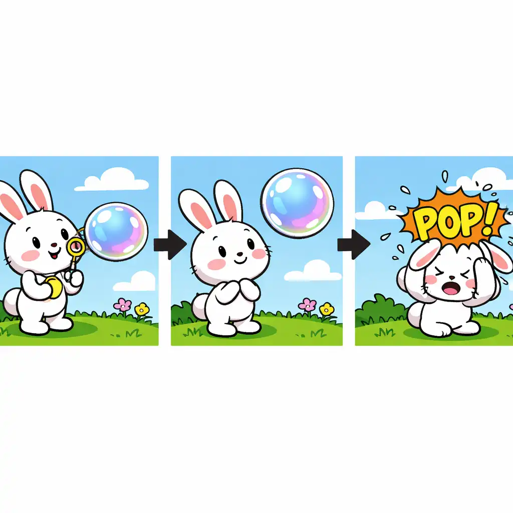 Animationssequenz: Hase schießt einen Bubble und dieser zerplatzt in drei Schritten