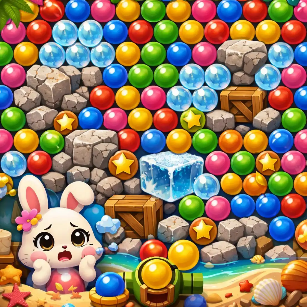 Überfülltes Bubble-Shooter-Spielfeld mit vielen verschiedenfarbigen Blasen, Steinen und Eis in Cute Bunny: Bubble Beach