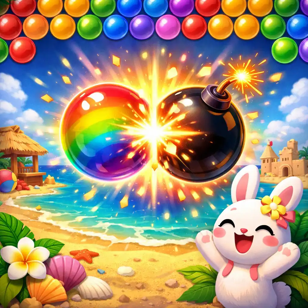 Regenbogenblase und Bombenblase kombinieren sich auf einem sonnigen Strand-Puzzlebrett in Cute Bunny: Bubble Beach
