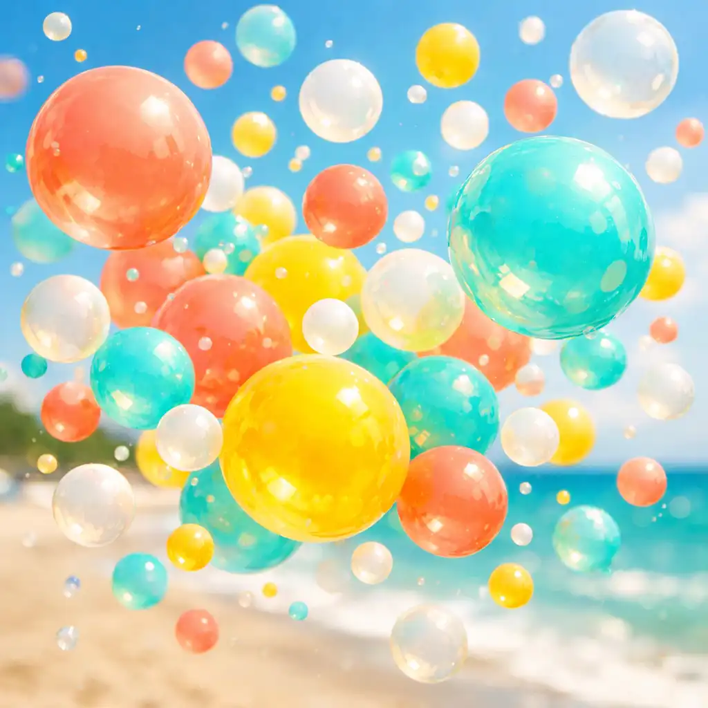 Explosion von bunten Bubbles in Koralle, Aqua und Gelb mit glänzenden Highlights