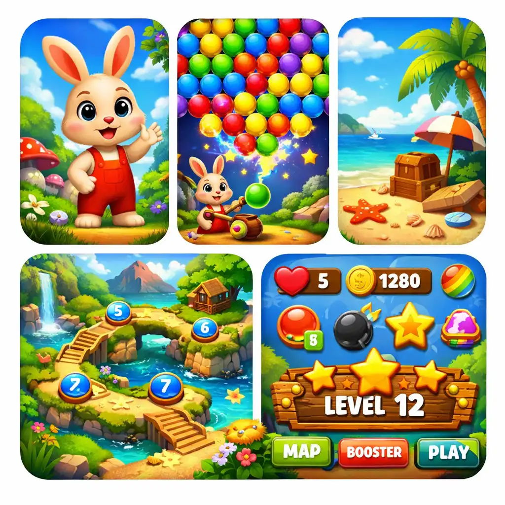 Collage aus verschiedenen Szenen des Spiels: Hase, Bubbles, Strand, Levelansicht und UI-Elemente
