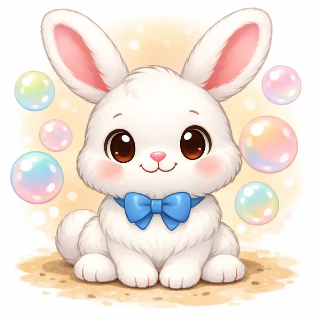 Niedlicher weißer Hase mit großen Augen und blauer Schleife, umgeben von Bubbles