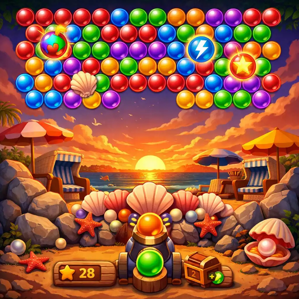 Fortgeschrittenes Level mit komplexeren Bubble-Formationen und Hindernissen wie Steinen und Muscheln