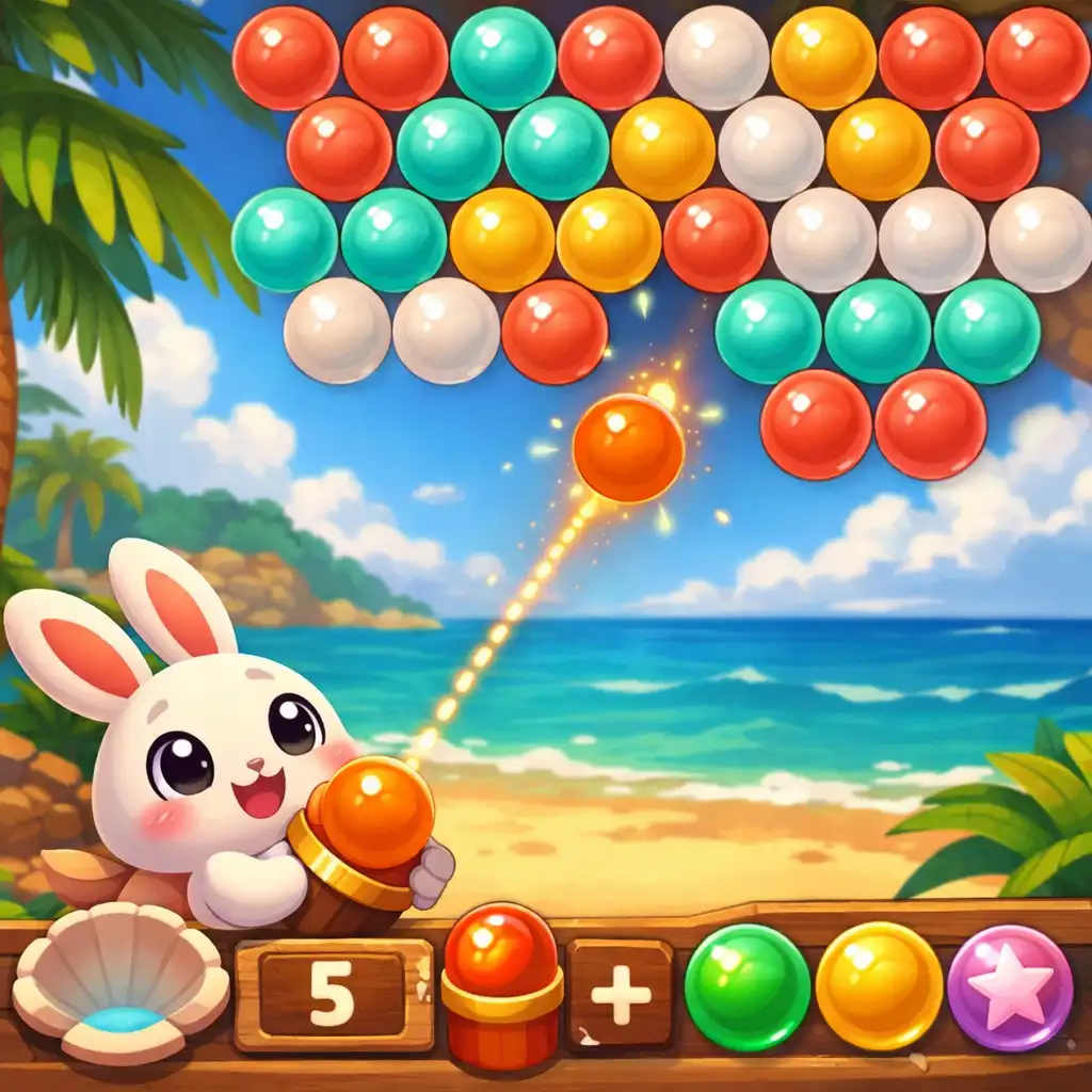 Spielszene aus Cute Bunny: Bubble Beach mit einem Hasen, der eine Blase auf ein buntes Spielfeld schießt