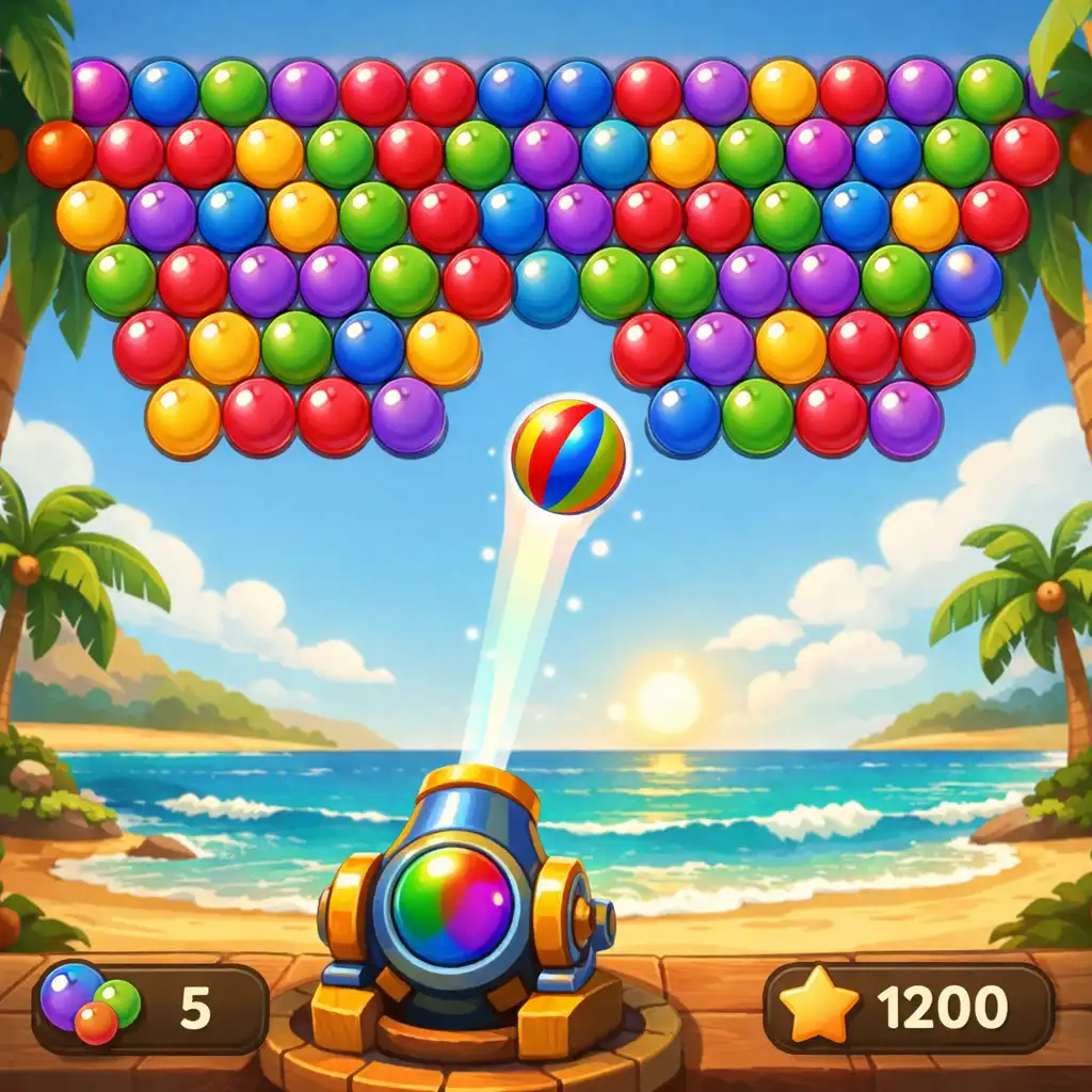 Farbenfrohes Bubble-Shooter-Spielfeld mit Kanone am unteren Rand und bunten Blasen