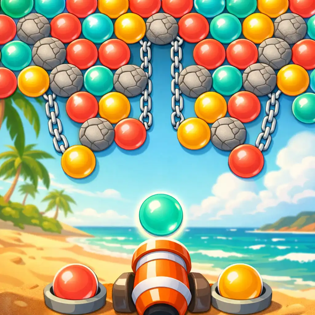 Fortgeschrittenes Level mit Steinblasen und Kettenblasen auf einem sonnigen Strandspielfeld