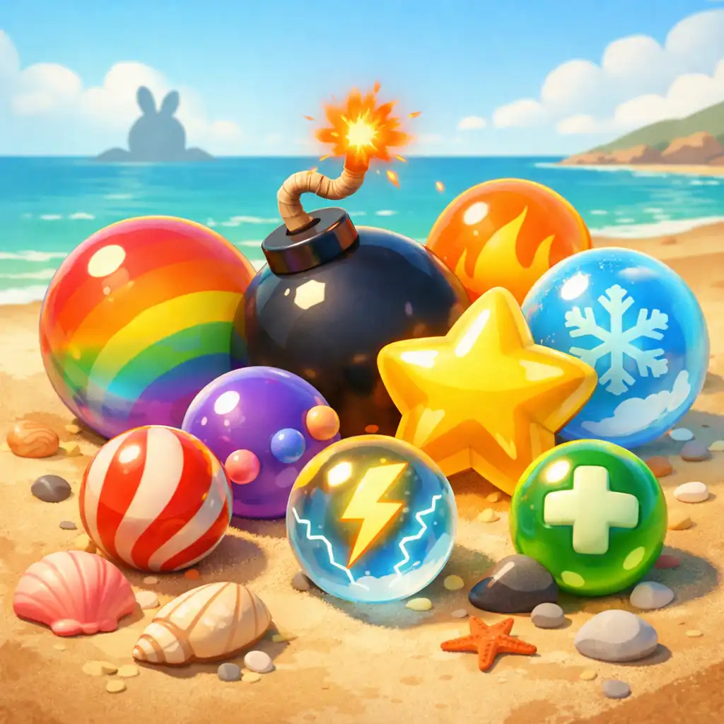 Bunte Power-Ups wie Regenbogenblase und Bombe auf einem Sandstrand