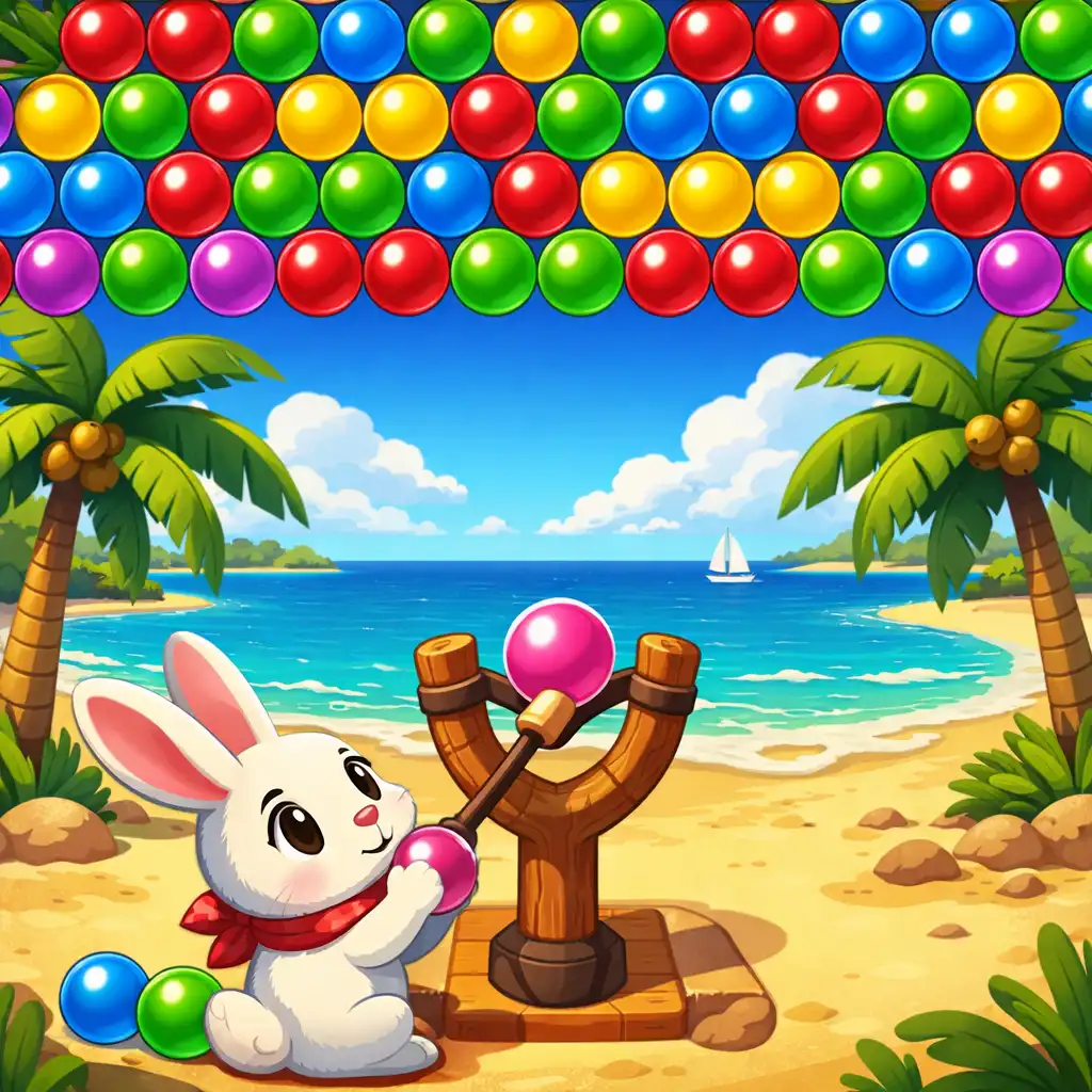 Typische Levelansicht mit bunten Bubbles, Hase und Schleuder vor Strandkulisse