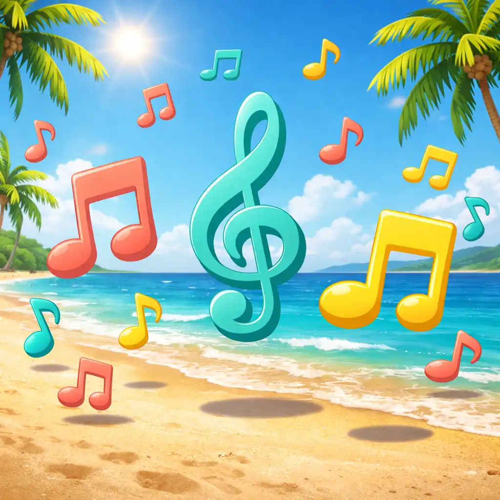 Musiknoten in verschiedenen Farben schweben über einem Strand mit Palmen und Meer