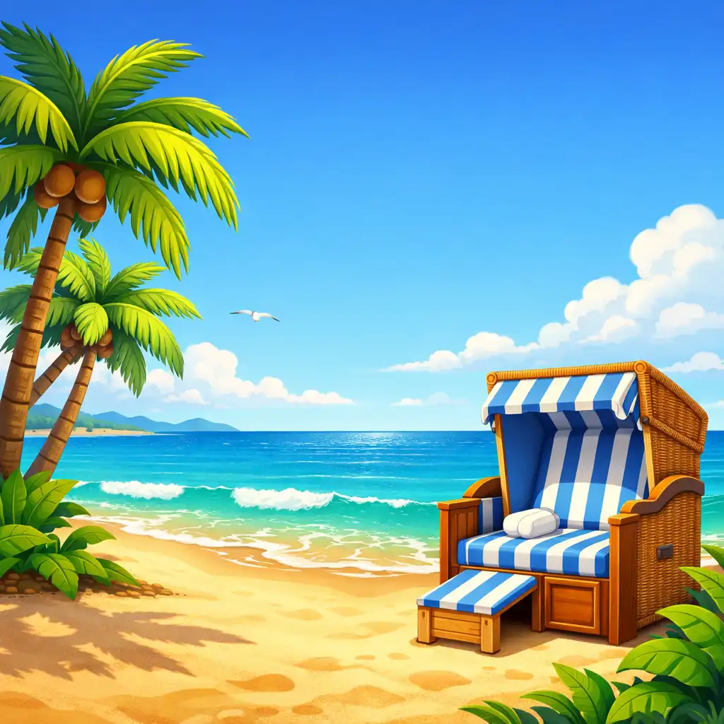 Sonniger Strand mit goldenem Sand, türkisfarbenem Meer und Palmen in Cute Bunny: Bubble Beach