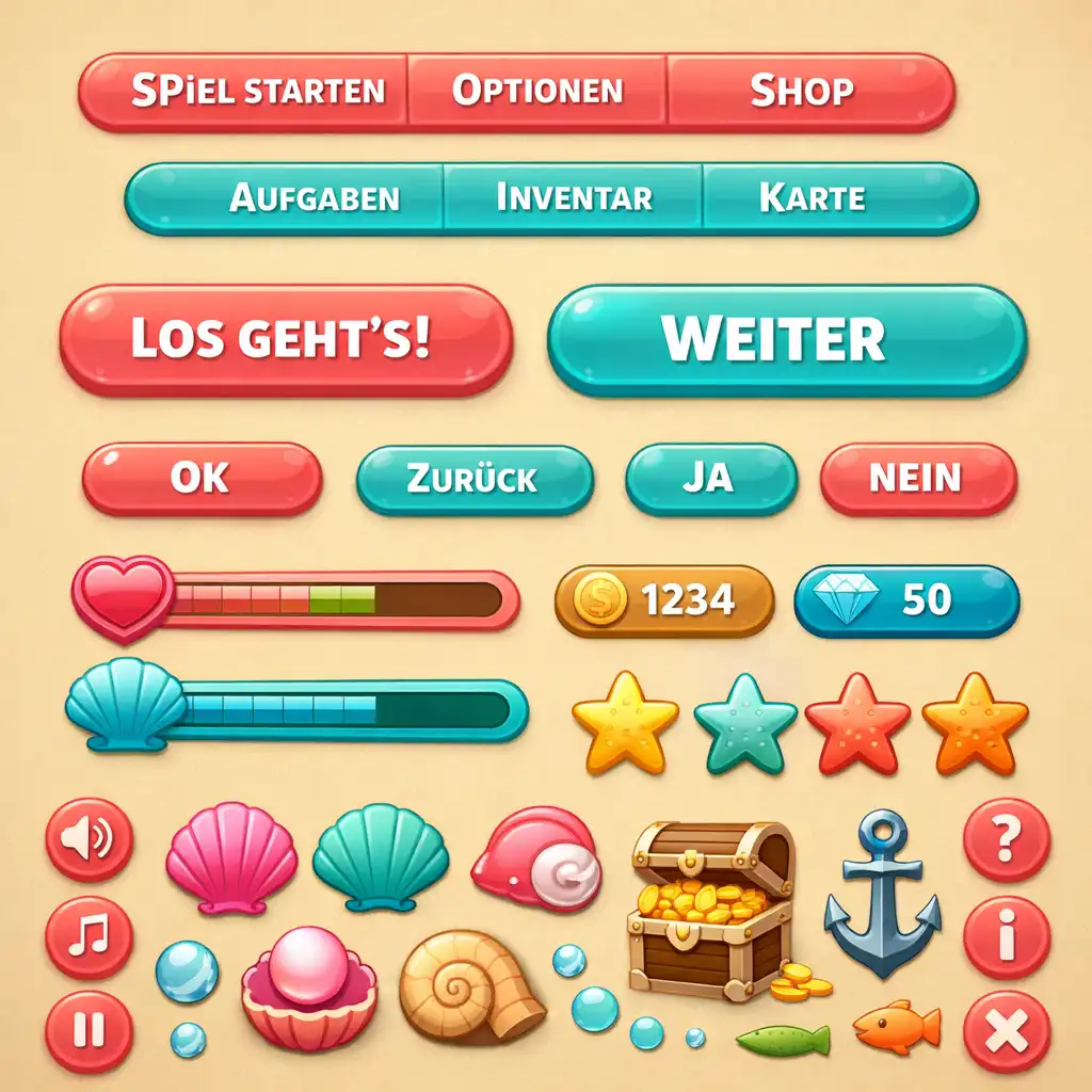 Sammlung von UI-Elementen: abgerundete Buttons in Koralle und Aqua, Menüleisten und Icons