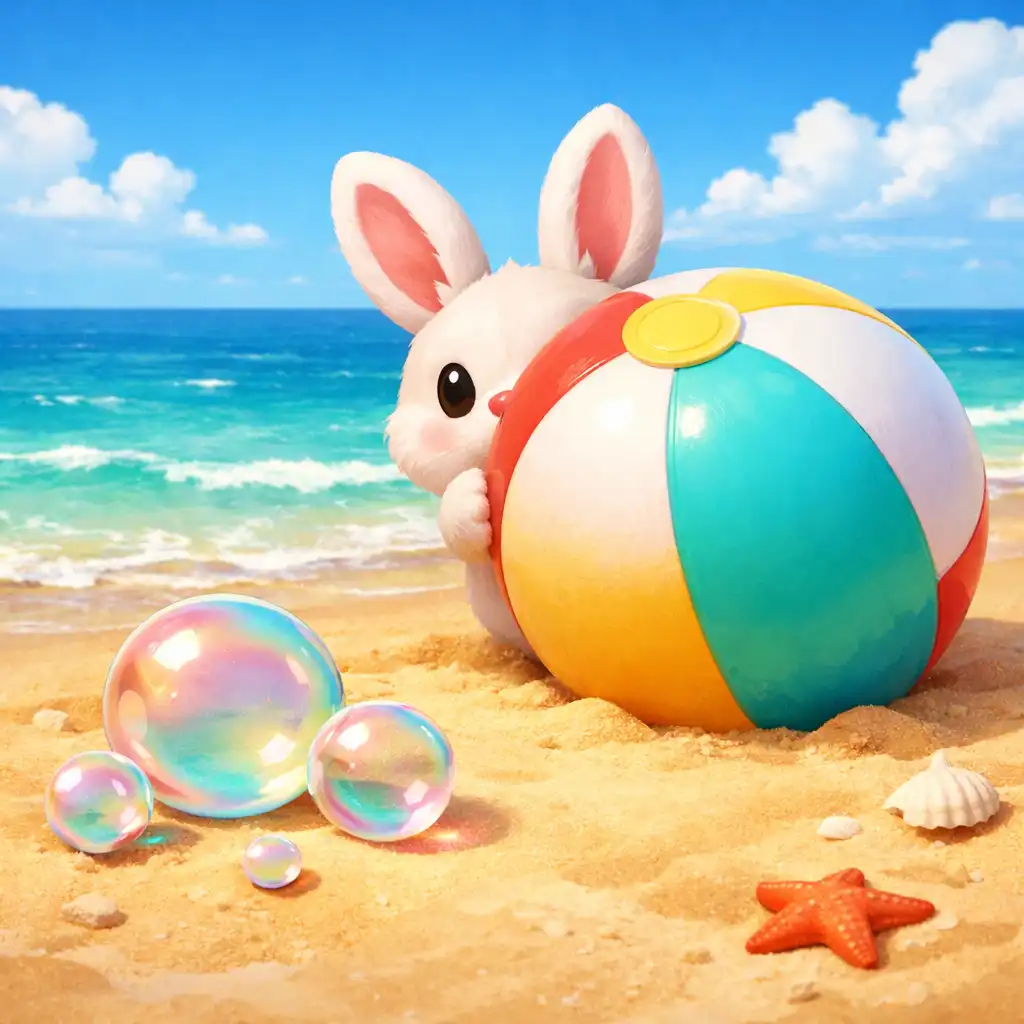 Spielszene am Strand: Hase hinter einem Wasserball und bunte Blasen im Sand
